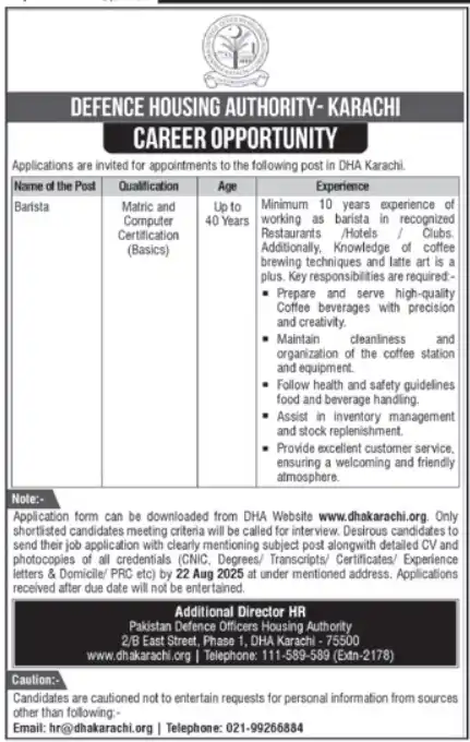 Advertisement of Defence Housing Authority DHA Jobs 2025 Today
