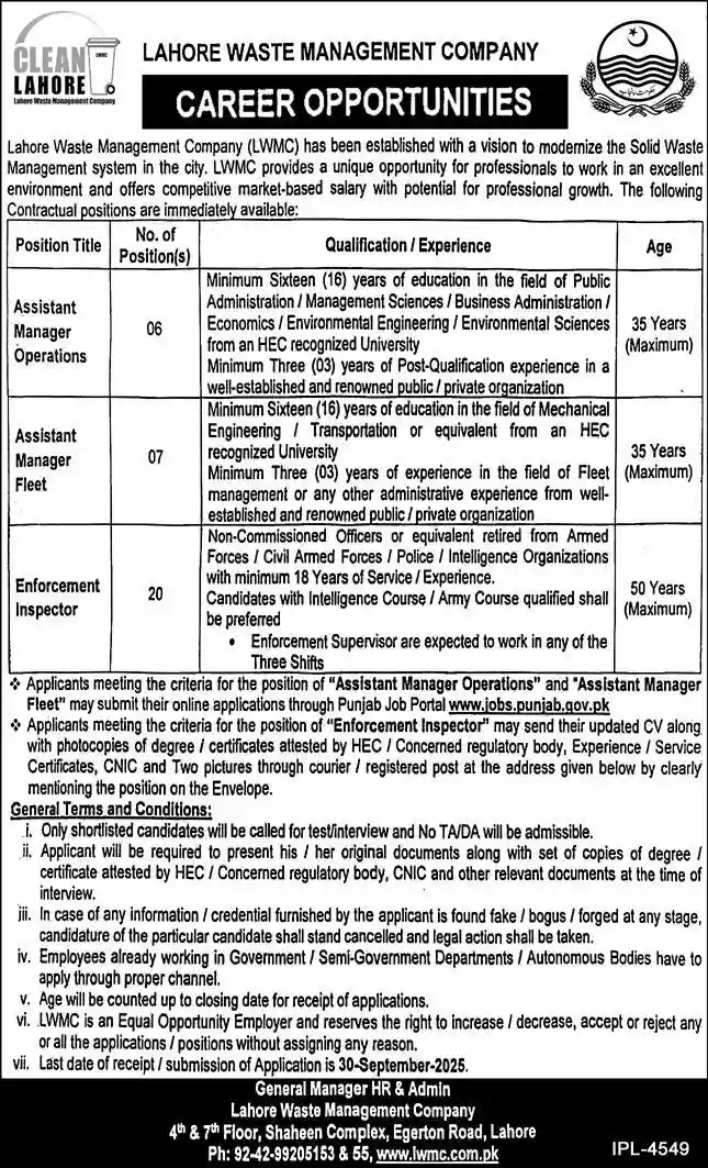 Lahore Waste Management Company Jobs 2025 Today Advertisement