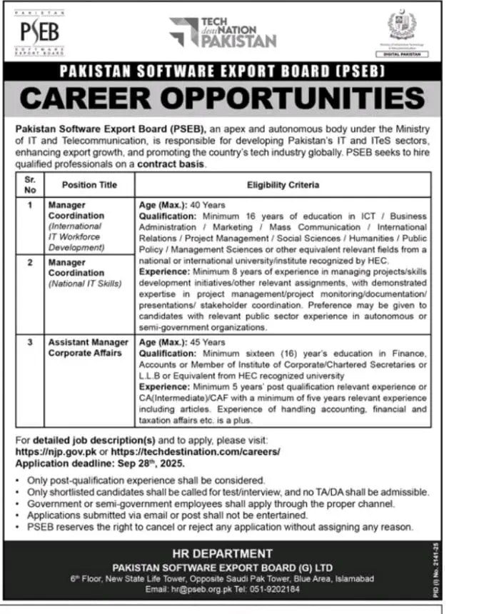 Pakistan Software Export Board PSEB Jobs 2025 Latest Advertisement