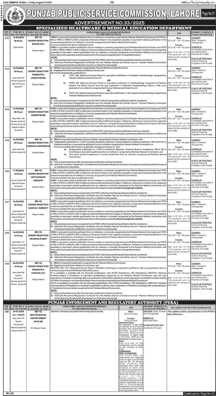 PPSC Jobs Advertisement No 33/2025 Advertisement: