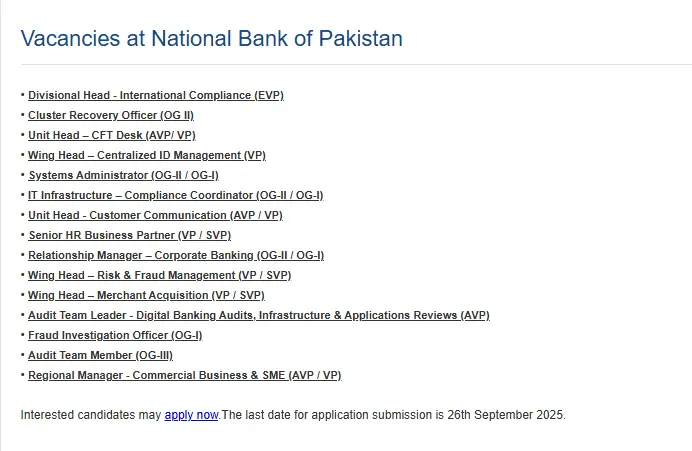 National Bank Of Pakistan NBP Jobs 2025 Today Advertisement