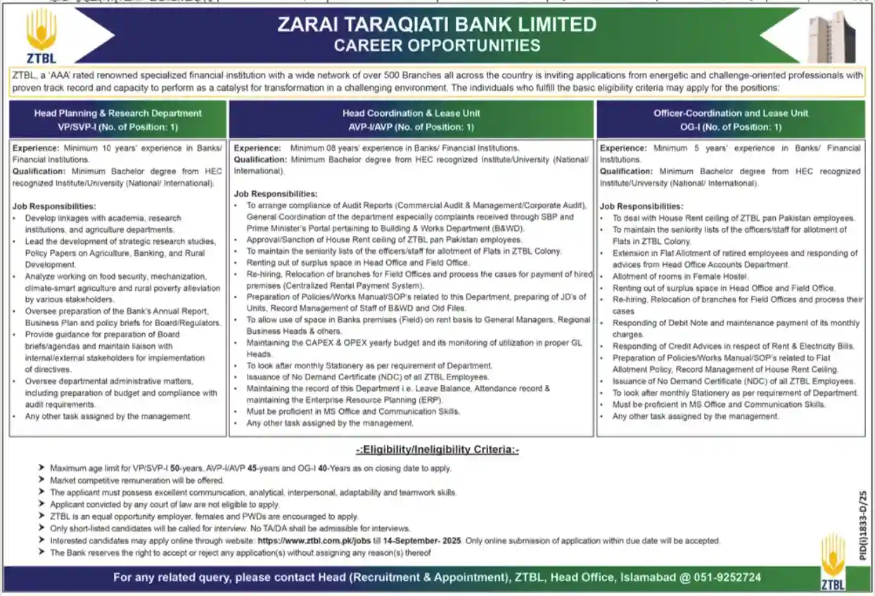 ZTBL Careers 2025 Today Advertisement