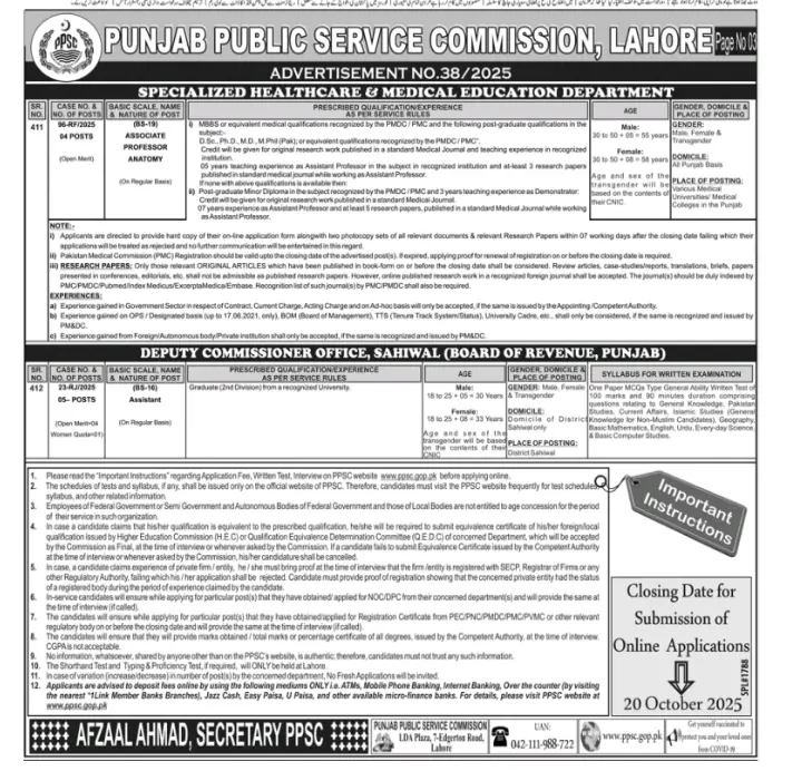 Latest PPSC Advertisement No 38 Jobs 2025 Advertisement