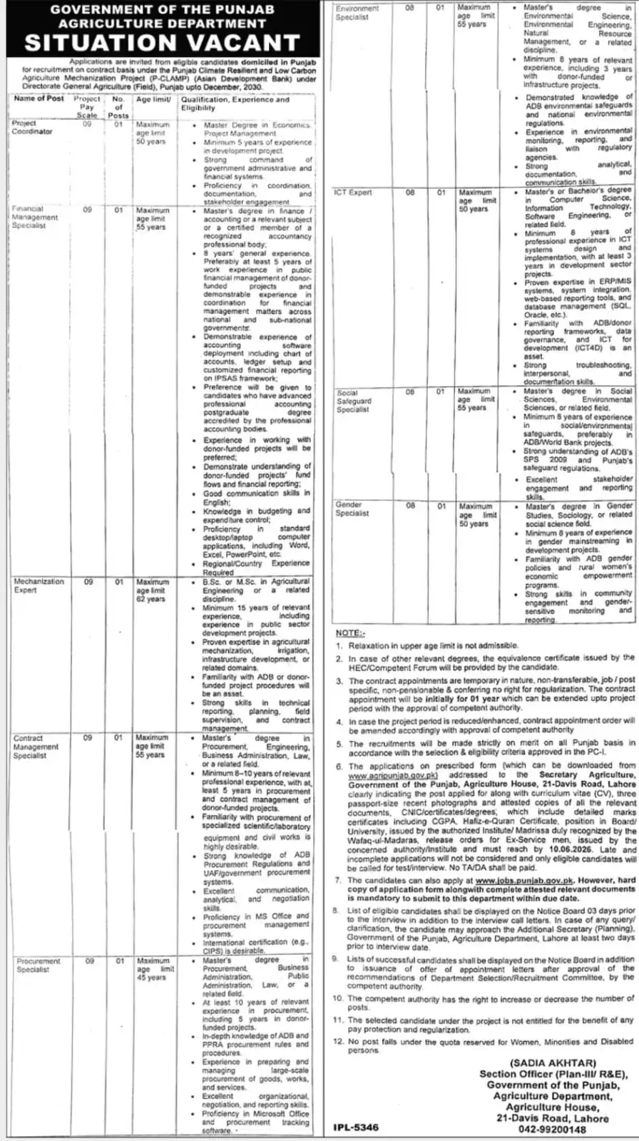 Punjab Agriculture Department Launches ADB-Funded P-CLAMP Project Recruitment